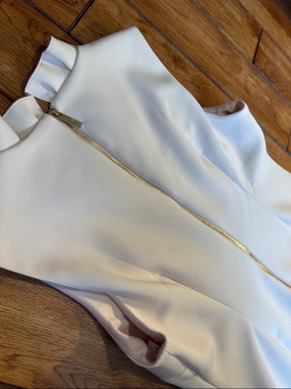 Calvin Klein Cream Ruffle V-Neck Midi Sheath Dress - Picture 4 of 7